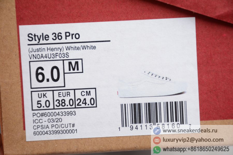 Justin Henry x Vans Style 36 Pro World Peace White VN0A4U3F03S Unisex Skate Shoes